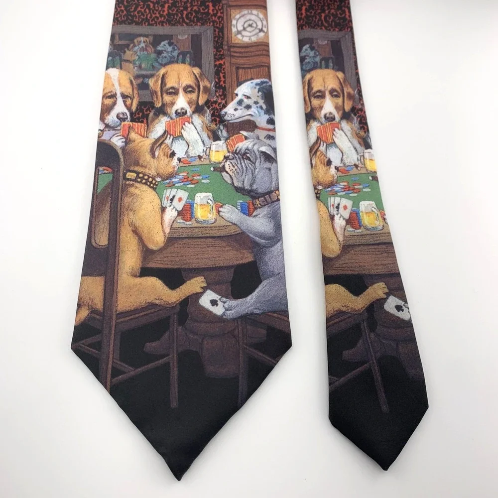 Vintage Ralph Marlin Mens Tie Black Dogs‎ Playing Poker Scene Poly Necktie USA